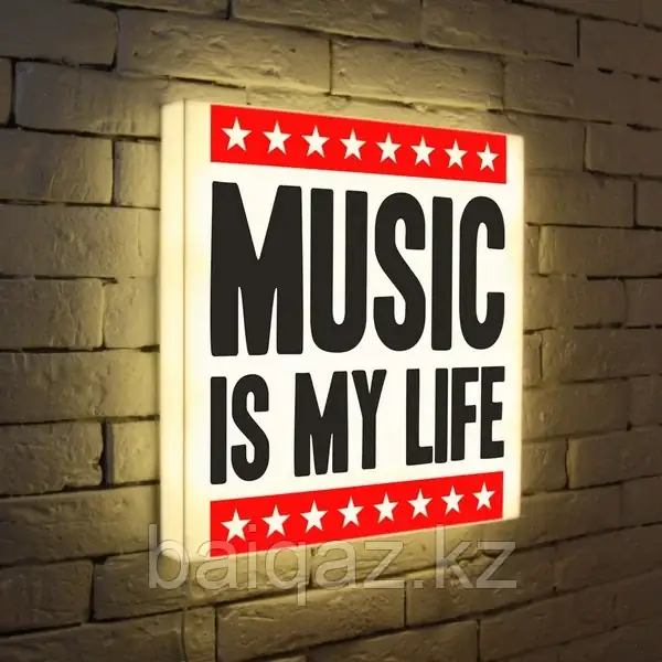 Световой короб MUSIC IS MY LIFE на кирпичной стене